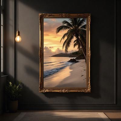 The primary subject of the image is a large, ornate picture frame that features a painting of a beach scene. The painting captures a beautiful sunset over the ocean, with palm trees visible in the distance. The setting is a dark room, which contrasts with the bright colors and warm atmosphere of the painting. The visual style of the image is a combination of artistic elements, such as the frame and the painting, creating a unique and captivating display.